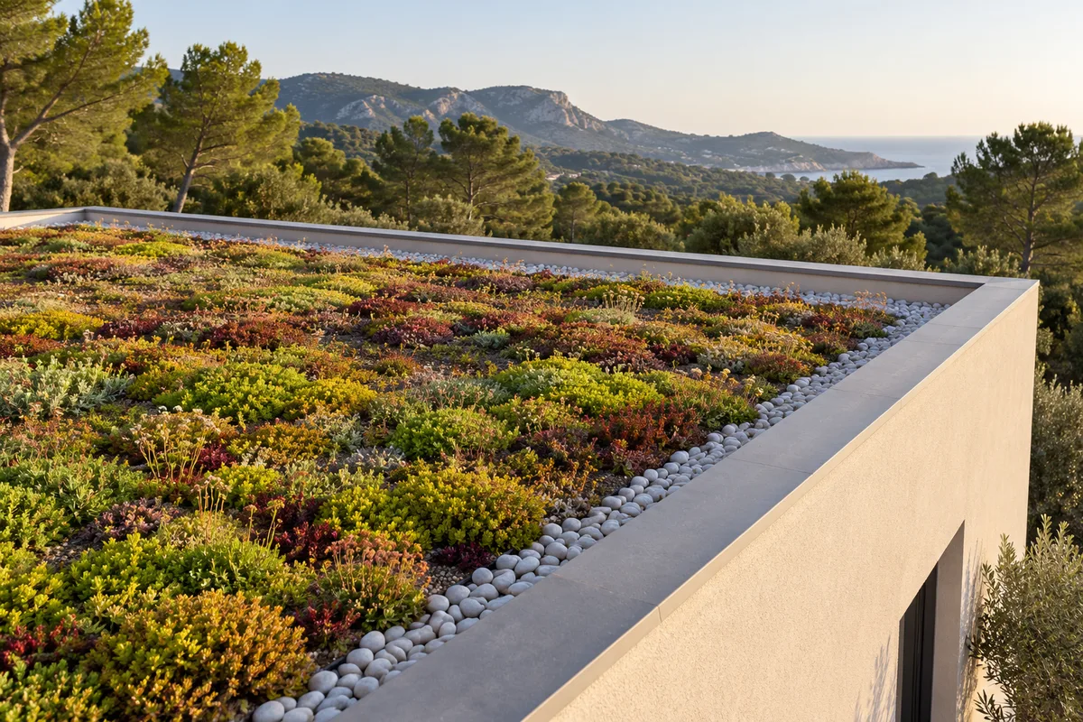 Toiture terrasse végétalisée couverte de sedums et bordée de galets le long de l&rsquo;acrotère