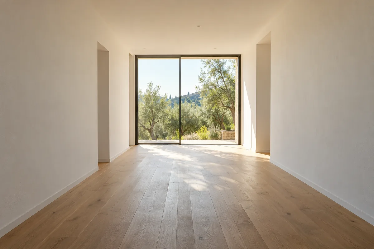 Intérieur long et lumineux d’un module habitable achevé, ouvert par une baie vitrée sur des oliviers