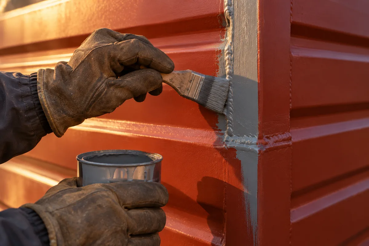 Mains gantées appliquant une peinture antirouille sur un cordon de soudure d’une paroi en acier