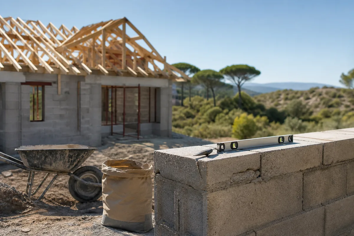 Maison neuve en construction avec charpente apparente sous un ciel de Provence
