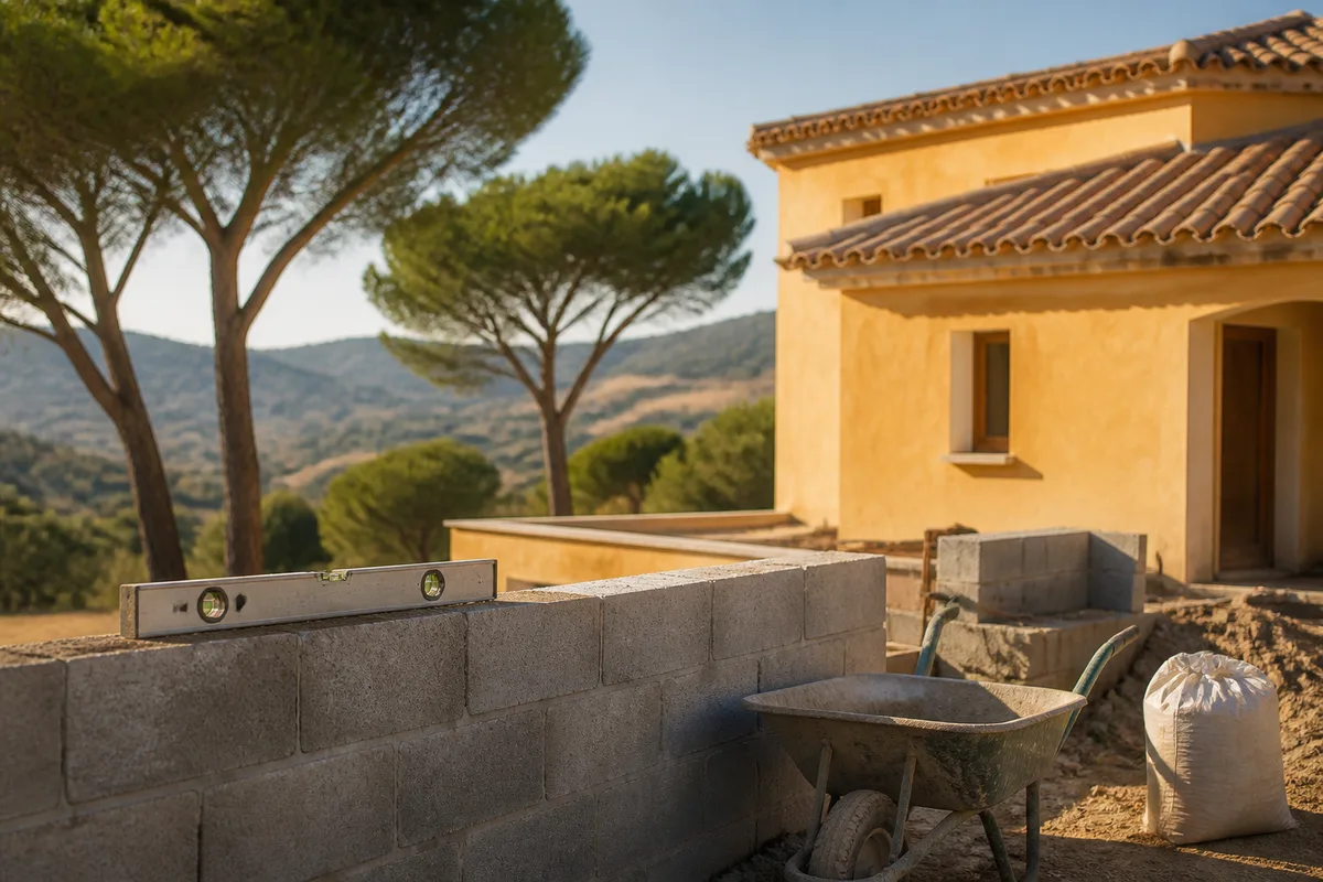 Toiture en tuiles canal et façade ocre d’une maison provençale au soleil