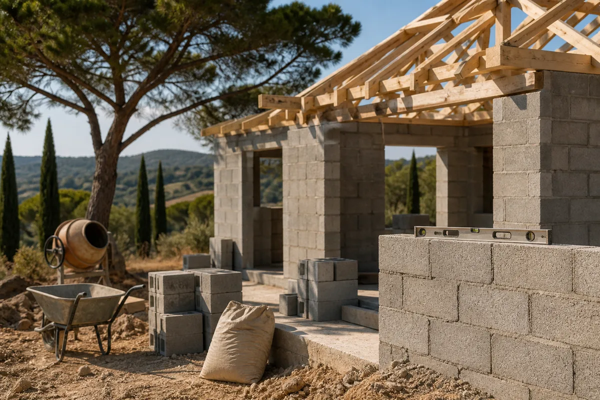 Chantier de maison en parpaings sous une grue, pins parasols et soleil de Provence en arrière-plan