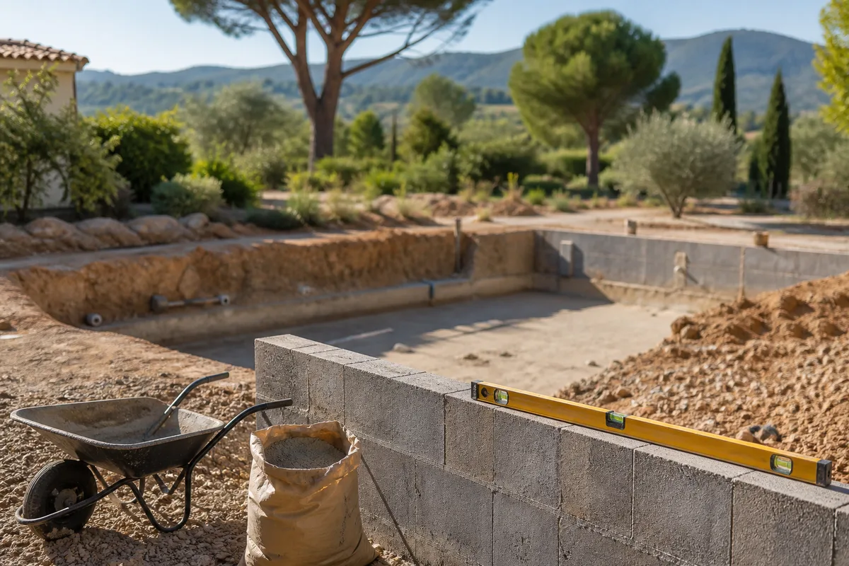 Chantier de piscine enterrée en cours de terrassement dans un jardin méditerranéen