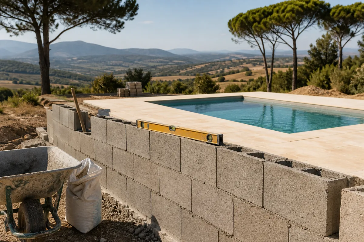 Piscine enterrée entourée d’une plage en pierre claire avec vue sur les collines