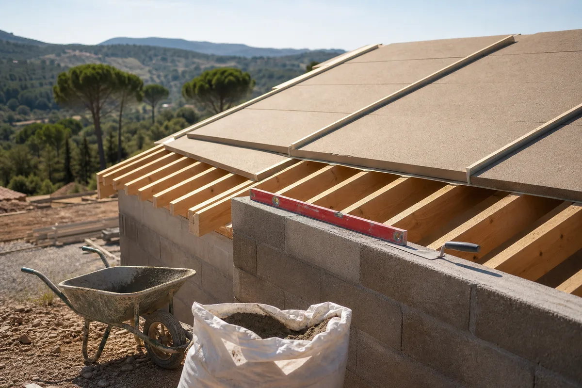 Panneaux isolants rigides posés au-dessus de la charpente lors d’un chantier de sarking