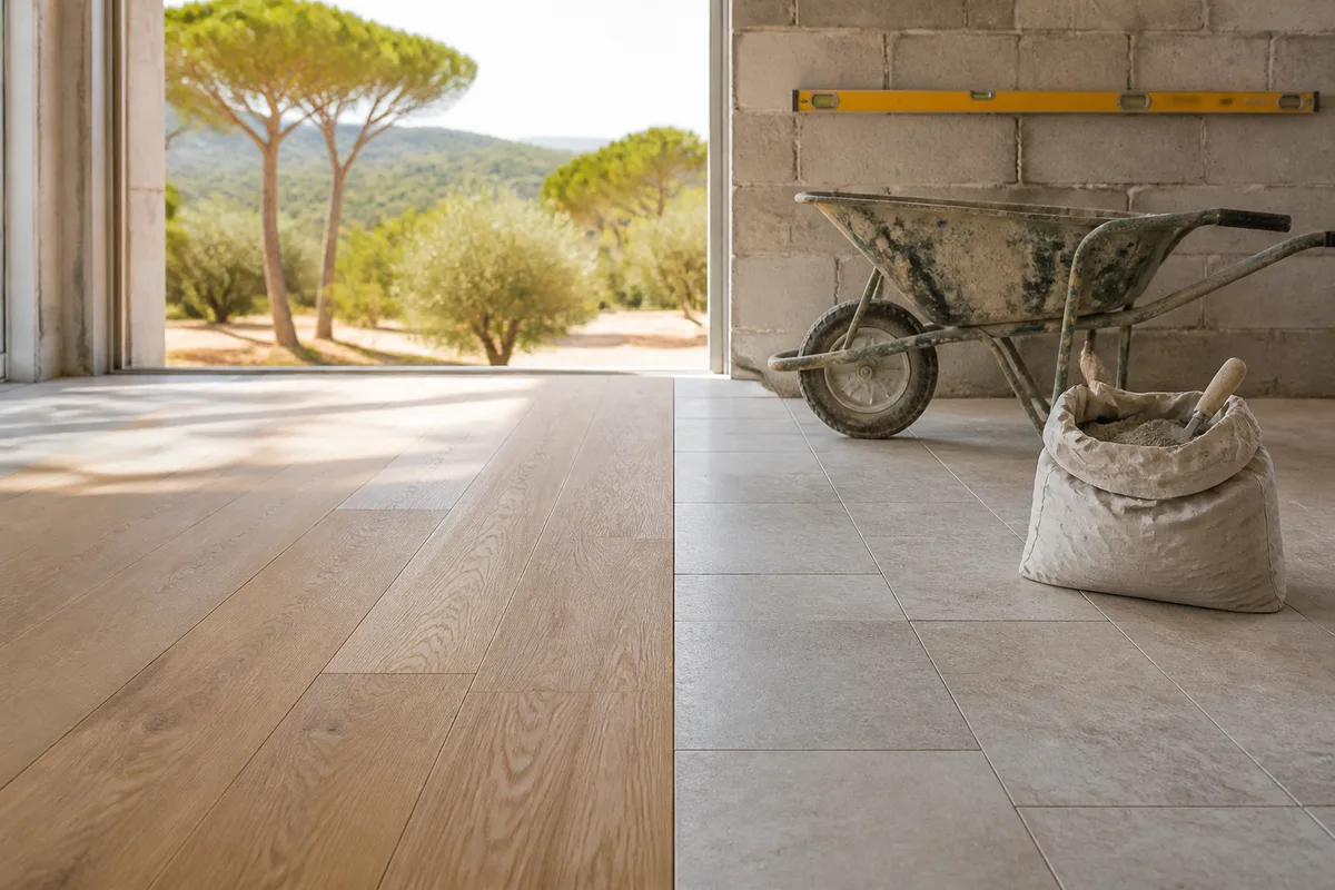 Sol mi-parquet mi-carrelage dans une pièce lumineuse, transition nette entre les deux revêtements