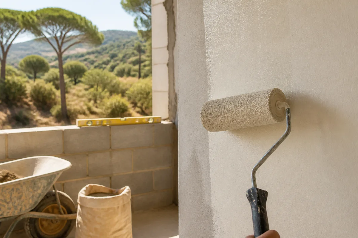 Rouleau appliquant une peinture claire sur un mur intérieur préparé