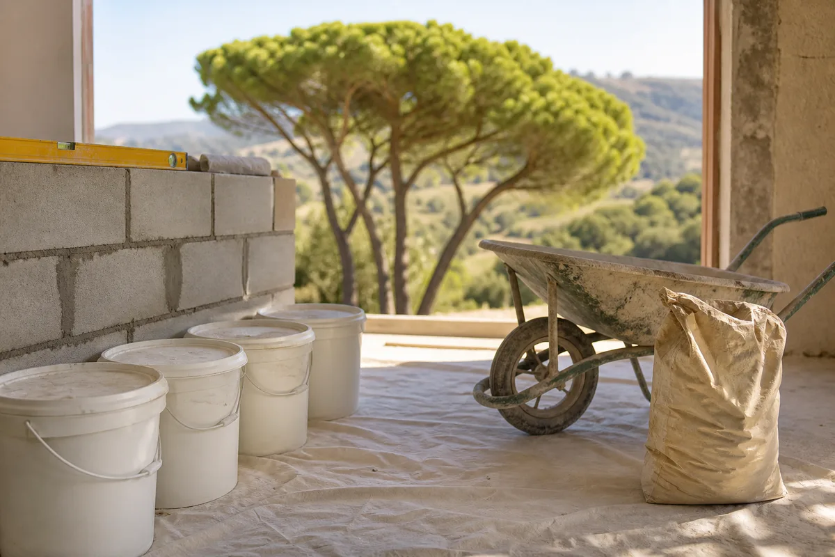Chantier de peinture avec bâches de protection et pots alignés dans une pièce vide