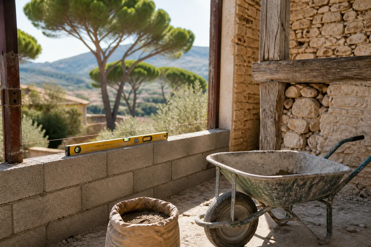 Mur en pierre apparente et poutres anciennes d&rsquo;une maison de village provençale
