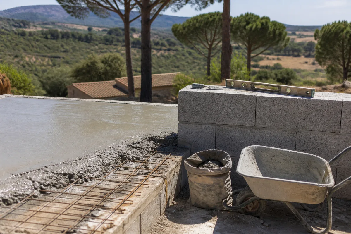 Dalle de terrasse en béton fraîchement coulée avec treillis soudé apparent en bordure