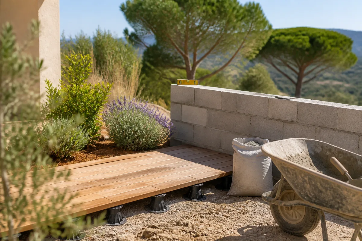 Terrasse en lames de bois sur plots bordée de plantes méditerranéennes